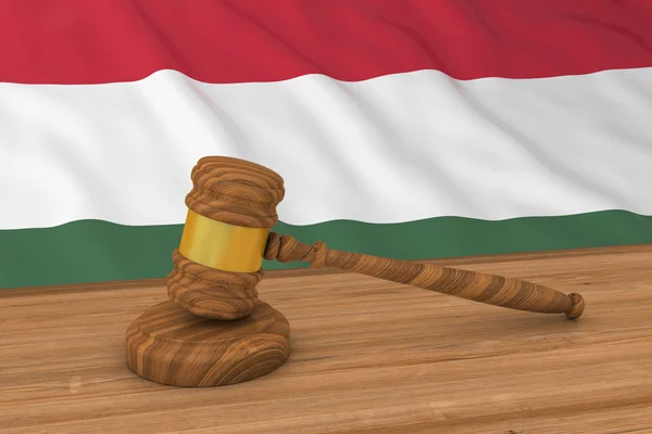 Венгерская юридическая концепция - флаг Венгрии за молотком судьи 3D иллюстрация — стоковое фото