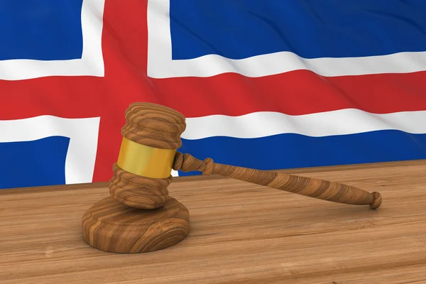 Concepto de Derecho islandés - Bandera de Islandia detrás del martillo del juez Ilustración 3D — Foto de Stock