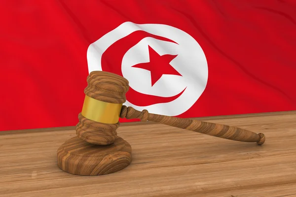 Tunisiska lagen Concept-flagga av Tunisien bakom Judge ' s gavel 3D illustration — Stockfoto