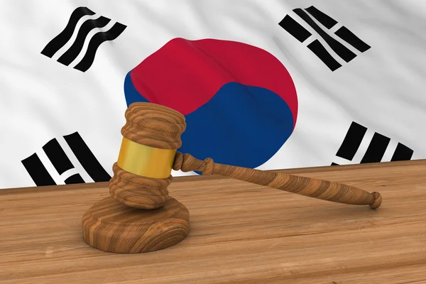 Concetto di legge sudcoreano - Bandiera della Corea del Sud dietro Gavel 3D Illustrazione del giudice — Foto Stock