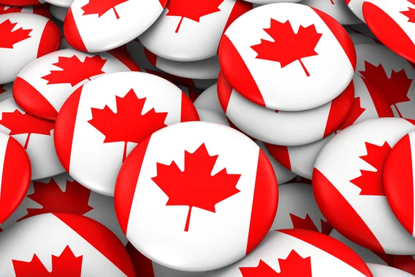 Fundo de emblemas do Canadá - Pilha de botões de bandeira canadense ilustração 3D — Fotografia de Stock