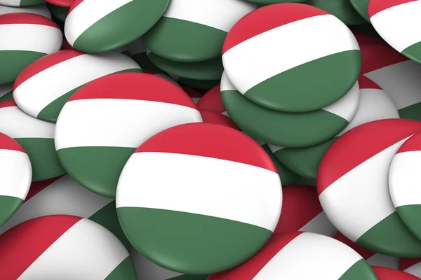 Ουγγαρία εμβλήματα φόντο-σωρός της ουγγρικής σημαίας κουμπιά 3D εικόνα — Φωτογραφία Αρχείου