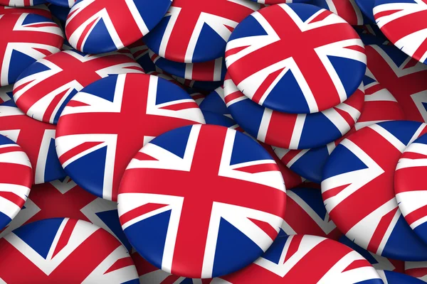 Antecedentes de las insignias del Reino Unido - Pila de botones de bandera del Reino Unido Ilustración 3D — Foto de Stock