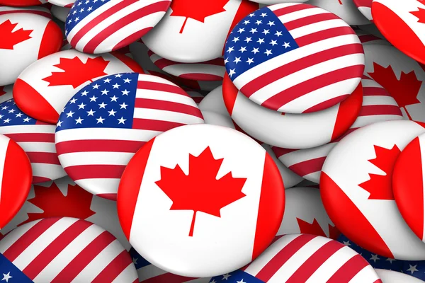 Fundo de emblemas dos EUA e Canadá - Pilha de botões de bandeira americanos e canadenses ilustração 3D — Fotografia de Stock