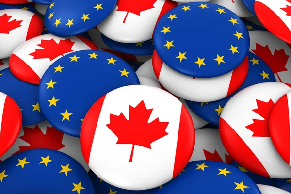 Fundo de emblemas do Canadá e da Europa - Pilha de botões de bandeira canadense e europeia ilustração 3D — Fotografia de Stock