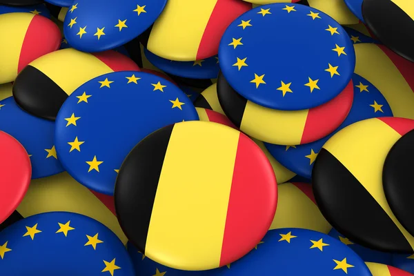 Belgium and Europe Badges Background - Pile of Belgian and European Flag Buttons 3D Illustration — Stock Photo, Image