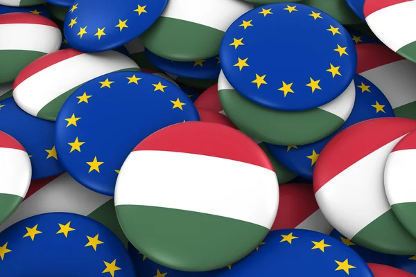 Hungría y Europa Insignias Antecedentes - Montón de botones de bandera húngara y europea Ilustración 3D —  Fotos de Stock