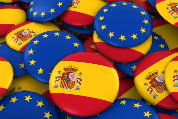 Španělsko a Evropa Badges pozadí-hromádka španělských a evropských tlačítek příznaků 3D ilustrace — Stock fotografie