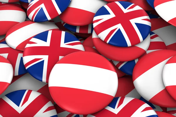 Rakousko a Spojené království Badges pozadí-hromada rakouských a britských praporků na 3D ilustraci — Stock fotografie