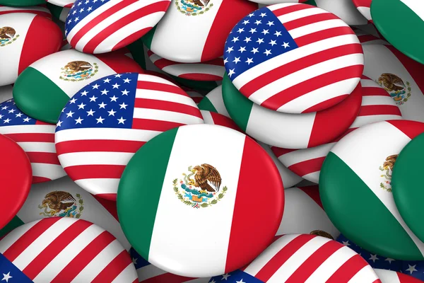 Stati Uniti e Messico Distintivi sfondo - Pile of American and Mexican Flag Buttons Illustrazione 3D — Foto Stock