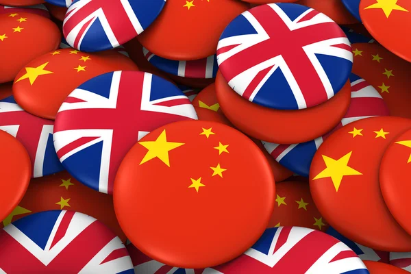 China and UK Badges Background - Pile of Chinese and British Flag Buttons 3D Illustration — Stock Photo, Image