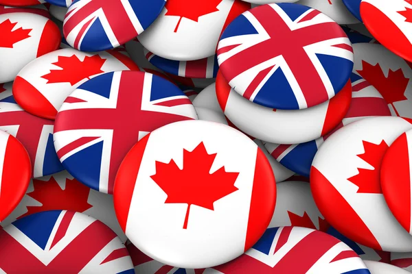 Fundo de emblemas do Canadá e do Reino Unido - Pilha de botões de bandeira canadense e britânica ilustração 3D — Fotografia de Stock
