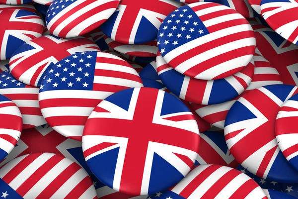 Insignias de Estados Unidos y Reino Unido Antecedentes - Pila de botones de bandera estadounidense y británica Ilustración 3D — Foto de Stock