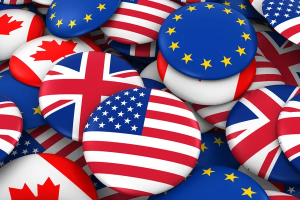 American, British, Canadian and European Flag Badge Pile Background Ilustração 3D — Fotografia de Stock