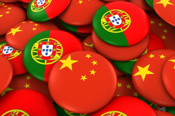 중국, 포르투갈, 배지, 배경- 중국어, 포르투갈어, 국기, 버튼, 3D 일러스트 — 스톡 사진