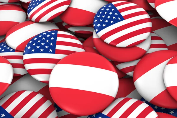Rakousko a Spojené státy americké Badges pozadí-hromádka rakouských a amerických knoflíků 3D ilustrace — Stock fotografie