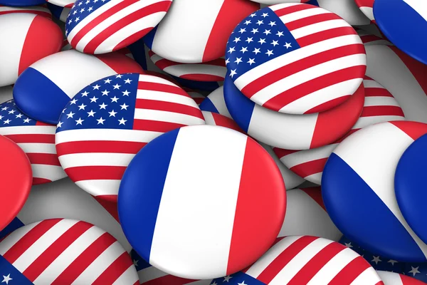 Francie a USA Badges pozadí-hromada francouzských a amerických tlačítek příznaků 3D ilustrace — Stock fotografie