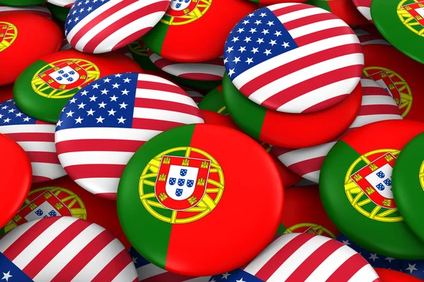 Antecedentes de las insignias de Portugal y Estados Unidos - Montón de botones de bandera portuguesa y estadounidense Ilustración 3D —  Fotos de Stock