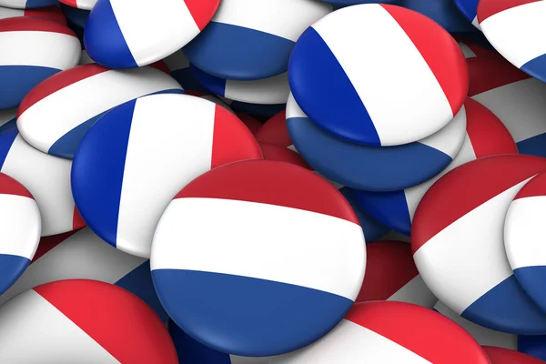 Paesi Bassi e Francia Distintivi sfondo - Pile of Dutch and French Flag Buttons Illustrazione 3D — Foto Stock