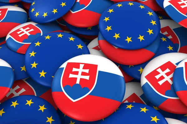 Slovakien och EU emblem bakgrund-högen av slovakiska och europeiska flaggan knappar 3D illustration — Stockfoto