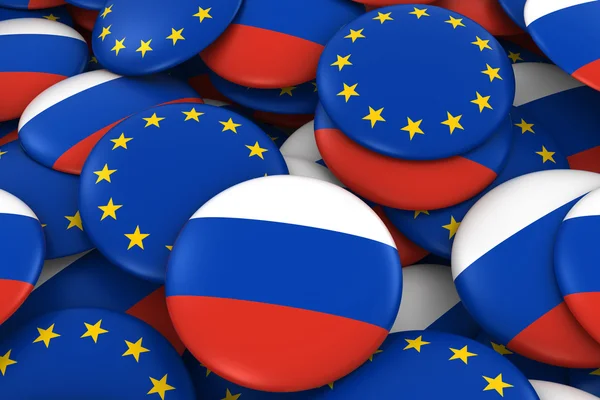 Russia and EU Badges Background - Pile of Russian and European Flag Buttons 3D Illustration — Stock Photo, Image
