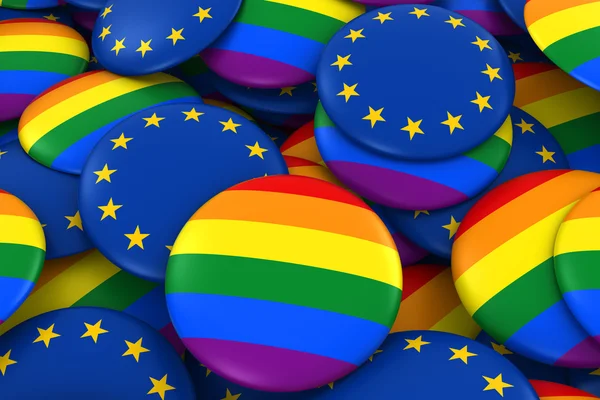 Fondo del Orgullo Gay e Insignias de la UE - Pila de Botones de Arco Iris y Bandera Europea Ilustración 3D —  Fotos de Stock