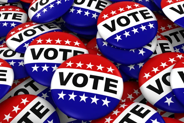 Omröstning emblem bakgrund-högen av röd vit och blå politiska kampanjknappar 3D illustration — Stockfoto