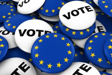 Avrupa seçimleri kavramı - AB bayrağı ve oy rozetleri 3d çizim