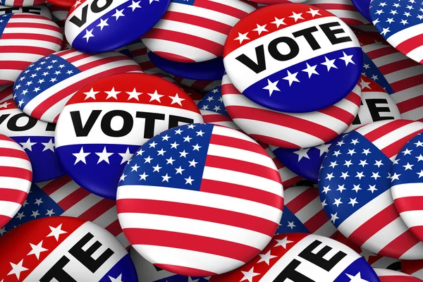US Elections Concept - Distintivi di bandiera e voto degli Stati Uniti Illustrazione 3D — Foto Stock