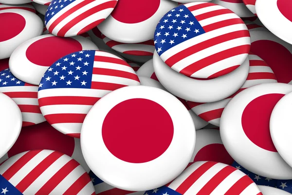 Japan and USA Badges Background - Pile of Japanese and American Flag Buttons 3D Illustration