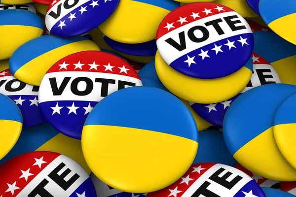 Ukrajna választások koncepció - ukrán zászló és szavazás jelvények 3D-s illusztráció — Stock Fotó