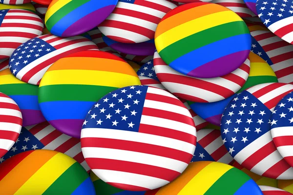Egyesült Államok meleg jogi koncepció-amerikai zászló és meleg büszkeség jelvények 3D illusztráció — Stock Fotó