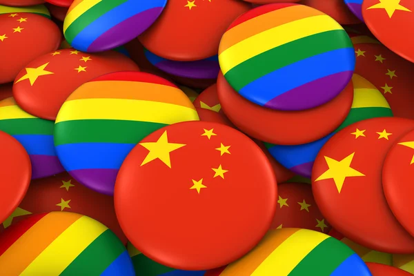 Conceito de Direitos Gays da China - Bandeira chinesa e emblemas de orgulho gay ilustração 3D — Fotografia de Stock