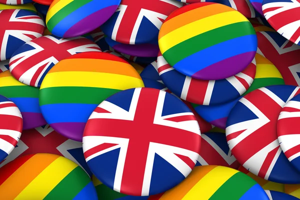 Egyesült Királyság Gay jogok fogalma-brit zászló és meleg büszkeség jelvények 3D illusztráció — Stock Fotó