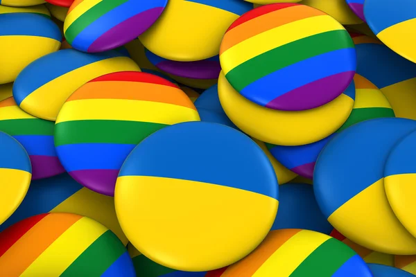 Conceito de Direitos Gays da Ucrânia - Bandeira ucraniana e emblemas de orgulho gay ilustração 3D — Fotografia de Stock
