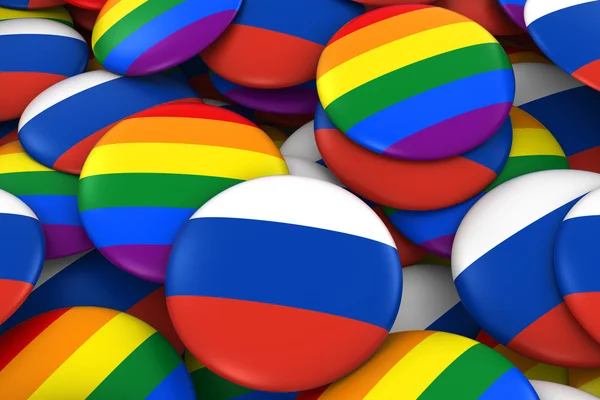 러시아 게이 컨셉-러시아 국기 그리고 게이 프라이드 배지 3d 그림 — 스톡 사진