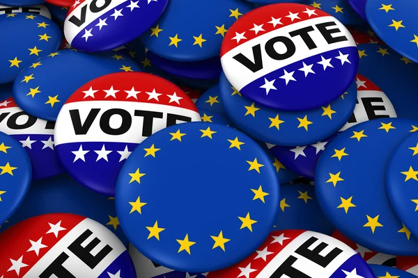 Avrupa seçimleri kavramı - AB bayrağı ve oy rozetleri 3d çizim — Stok fotoğraf