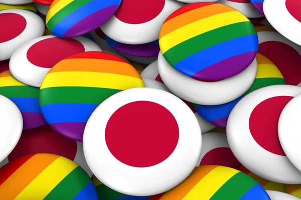 Japan Gay Rights Concept - Bandera Japonesa e Insignias de Orgullo Gay Ilustración 3D —  Fotos de Stock