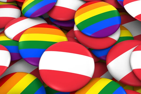 Austria Gay Rights Concept - Bandera de Austria e Insignias de Orgullo Gay Ilustración 3D —  Fotos de Stock