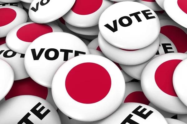 Concept van de verkiezingen van Japan - Japanse vlag en stemming Badges 3d illustratie — Stockfoto