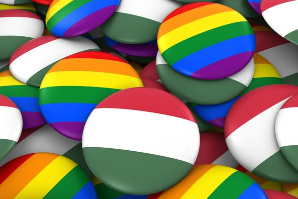 Magyarország melegjogi fogalma - magyar zászló és a meleg büszkeség jelvények 3D-s illusztráció — Stock Fotó