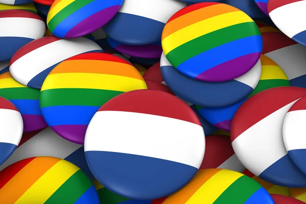 Gay Pride odznakami 3d ilustracja koncepcja - holenderską banderą praw gejów Holandia i — Zdjęcie stockowe
