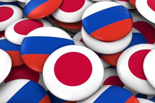Fundo de emblemas do Japão e da Rússia - Pilha de botões de bandeira japonesa e russa ilustração 3D — Fotografia de Stock