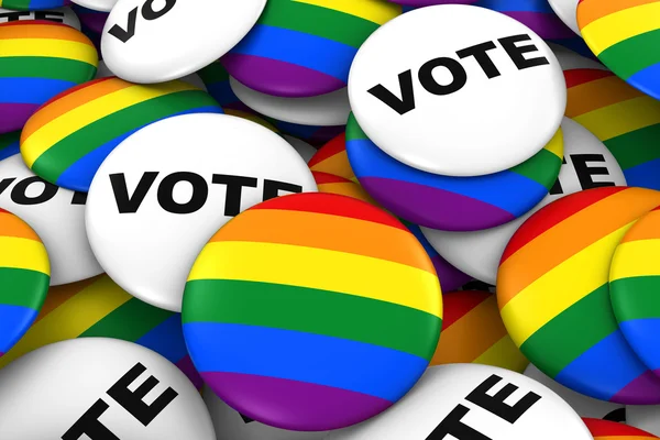 Eşcinsel hakları kavramı - Gay gurur ve oy için oy rozetleri 3d çizim — Stok fotoğraf