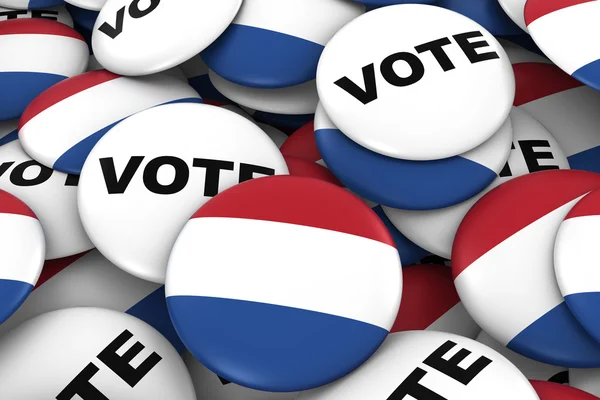 Hollanda seçimleri kavramı - Hollanda bayrağı ve oy rozetleri 3d çizim — Stok fotoğraf