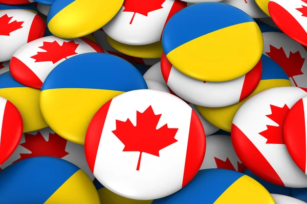 Fundo de emblemas do Canadá e da Ucrânia - Pilha de botões de bandeira canadense e ucraniana ilustração 3D — Fotografia de Stock