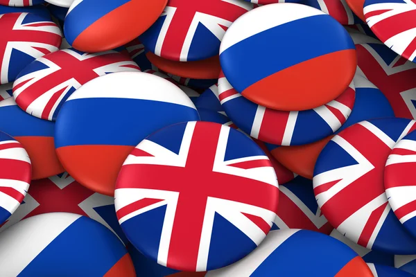 Antecedentes de las insignias del Reino Unido y Rusia - Pila de botones de bandera británica y rusa Ilustración 3D — Foto de Stock