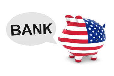 Bize banka metin konuşma ile Piggy banka bayrak 3d illüstrasyon kabarcık
