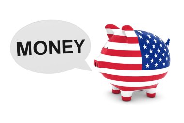 Bize para metin konuşma ile Piggy banka bayrak 3d illüstrasyon kabarcık