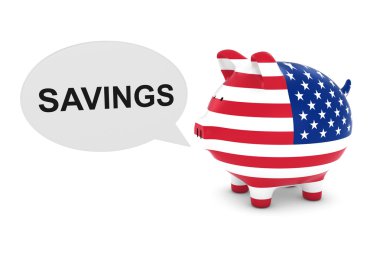 Bize tasarruf metin konuşma ile Piggy banka bayrak 3d illüstrasyon kabarcık